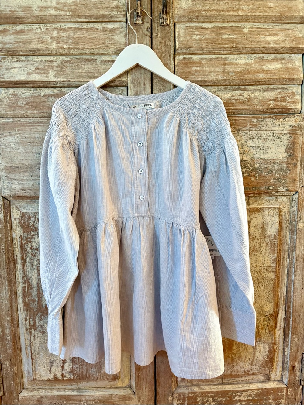 Free People Light Heather Gray Smocked Yoke Button-Up Tunic